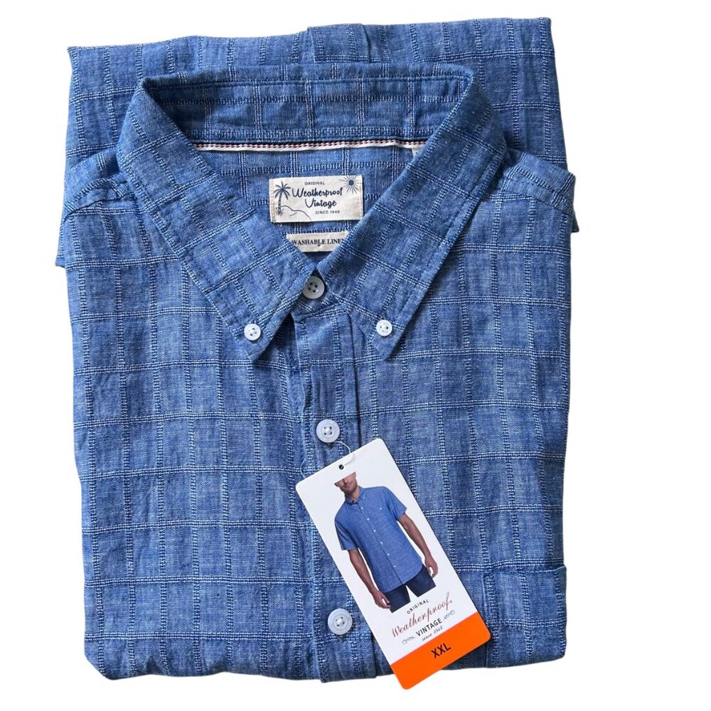 Original Weatherproof Vintage Linen Cotton Blend Blue Checkered Men Shirt XXL